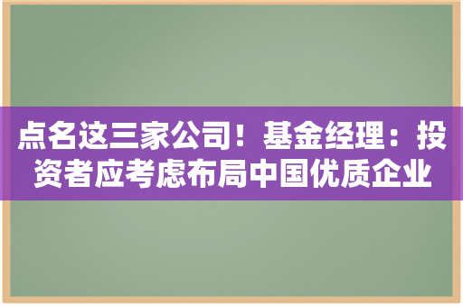 点名这三家公司！基金经理：投资者应考虑布局中国优质企业